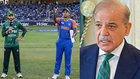 पाकिस्तान के प्रधानमंत्री शाहबाज़ शरीफ, टीम इंडिया के कप्तान सूर्यकुमार यादव और पाकिस्तान के कप्तान सलमान अली आघा 
