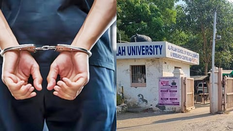 तस्वीर में अल फलाह यूनिवर्सिटी और गिरफ्तार व्यक्ति 