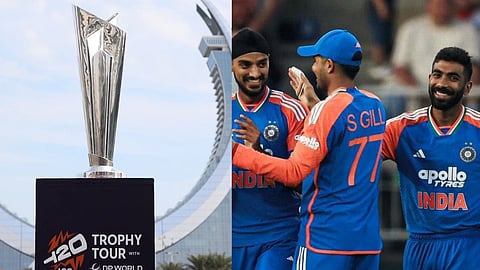 टी20 विश्व कप 2026 ट्रॉफी और टीम इंडिया की तस्वीर 
