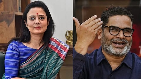 एक तरफ साड़ी पहने हुए एक TMC महिला नेता महुआ मोइत्रा बैठी हुई हैं और दाईं ओर जनसुराज के संस्थापक प्रशांत किशोर जो चश्मा लगाए हुए हैं 
