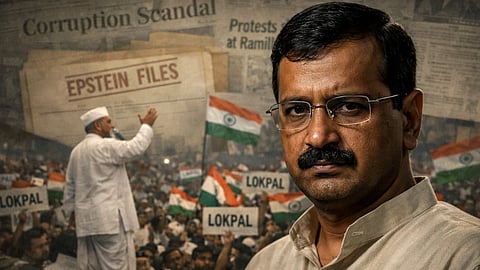 दिल्ली के पूर्व सीएम अरविंद केजरीवाल, पीछे अन्ना हजारे के नेतृत्व में लोकपाल आंदोलन की भीड़, हाथों में तिरंगे और ‘लोकपाल’ के पोस्टर, ग्राफिक में लिखा हुआ ‘Epstein Files’  
