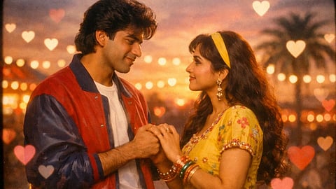 रोमांटिक माहौल में एक युवक और युवती आमने-सामने खड़े हैं और एक-दूसरे का हाथ थामे हुए मुस्कुराते हुए देख रहे हैं। पीछे दिल के आकार की रोशनी दिखाई दे रही हैं।