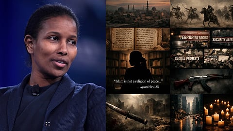 मंच पर बोलती हुई अयान हिरसी अली, जिसके साथ धर्म, इतिहास और वैश्विक संघर्ष से जुड़े दृश्यों का कोलाज दिखाई दे रहा है।