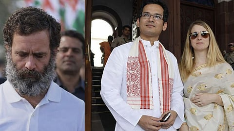 एक तरफ राहुल गाँधी, दूसरी तरफ गौरव गोगोई और उनकी पत्नी एलिजाबेथ 