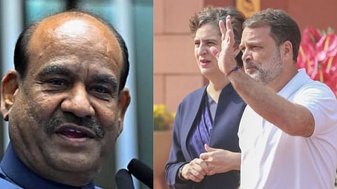 बाईं ओर लोकसभा में बोलते हुए ओम बिरला हैं, जबकि दाईं ओर संसद भवन परिसर में एक राहुल गाँधी और प्रियंका गाँधी हैं। 
