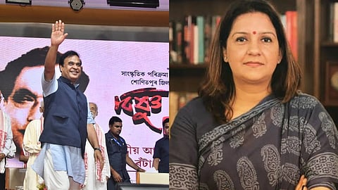 असम के मुख्यमंत्री हिमंता बिस्वा सरमा एक सार्वजनिक कार्यक्रम में हाथ हिलाते हुए और दूसरी ओर शिवसेना (यूबीटी) सांसद प्रियंका चतुर्वेदी। 
