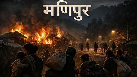 मणिपुर में आगजनी के पश्चात् अपने घरों को छोड़कर जाते लोग  