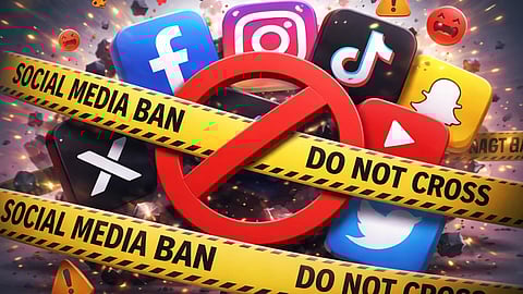एक ग्राफिक जिसमें फेसबुक, इंस्टाग्राम, टिकटॉक, एक्स और अन्य सोशल मीडिया ऐप्स के आइकॉन दिखाई दे रहे हैं, जिन पर लाल निषेध चिन्ह और “सोशल मीडिया बैन” व “डू नॉट क्रॉस” लिखी पीली चेतावनी टेप लगी हुई है।
