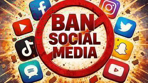 फेसबुक, इंस्टाग्राम, यूट्यूब, ट्विटर, टिकटॉक और स्नैपचैट जैसे सोशल मीडिया ऐप्स के लोगो दिखाई दे रहे हैं और उसके ऊपर  “Ban Social Media” लिखा हुआ है