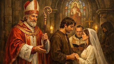 “सेंट वैलेंटाइन” (“Saint Valentine”) एक प्रेमी जोड़े की शादी करवाते हुए