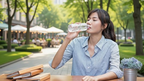 एक युवती पार्क जैसे खुले वातावरण में बैठकर पानी की बोतल से पानी पी रही है, पास में मेज पर किताबें रखी हैं।
