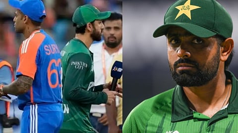 भारत और पाकिस्तान के खिलाड़ी मैच से पहले एक दूसरे को इग्नोर करते हुए, जबकि दूसरी ओर पाकिस्तानी खिलाड़ी बाबर आज़म हरे रंग की जर्सी और कैप में गंभीर भाव के साथ दिखाई दे रहे हैं।