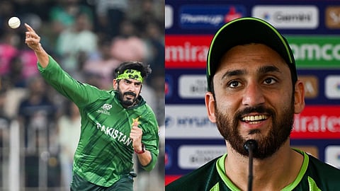 पाकिस्तान क्रिकेट टीम के दो खिलाड़ी, उस्मान तारिक गेंद फेंकते हुए और सलमान अली आघा प्रेस कॉन्फ्रेंस में मुस्कुराते हुए दिखाई दे रहे हैं।
