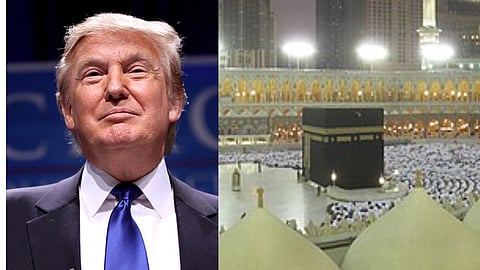 डोनाल्ड ट्रम्प काला कोट पहने हुए और मुस्लिम नमाज पढ़ते हुए । 