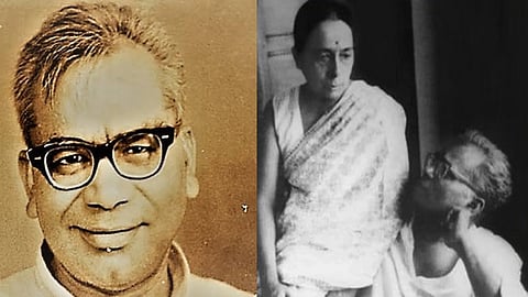 बाईं ओर समाजवादी नेता राम मनोहर लोहिया, दूसरी ओर उनके साथ बैठीं रमा मित्रा जो साड़ी में दिखाई दे रही हैं। 
