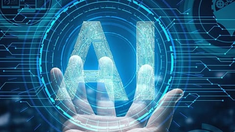 एक व्यक्ति का हाथ दिख रहा है जिसके ऊपर AI लिखा हुआ है और बैकग्राउंड नीले रंग की है। 