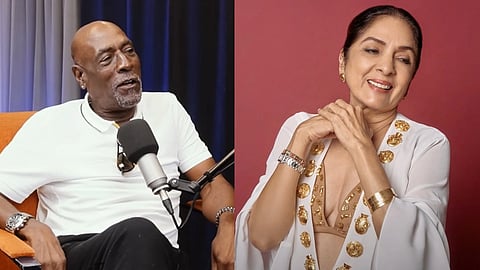 बाईं ओर सफ़ेद टी शर्ट में इंटरव्यू देते पूर्व क्रिकेटर विव रिचर्ड्स और दाईं ओर सफ़ेद कपड़ों में अभिनेत्री नीना गुप्ता 
