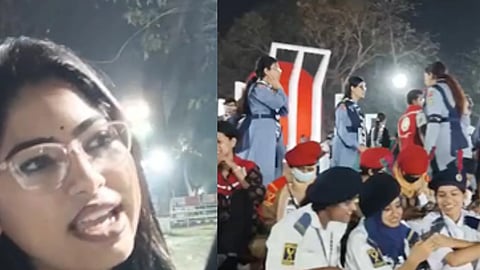 रात के कार्यक्रम में छात्र-छात्राएं और कैडेट्स एकत्रित, एक युवती कैमरे से बात करती हुई और अन्य लोग समारोह में शामिल दिखाई दे रहे हैं।