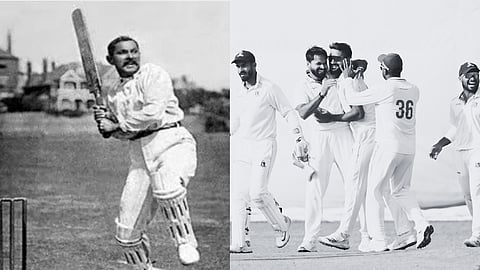 बाईं ओर शॉट मारता खिलाड़ी और दाईं जश्न मनाते क्रिकेटर  
