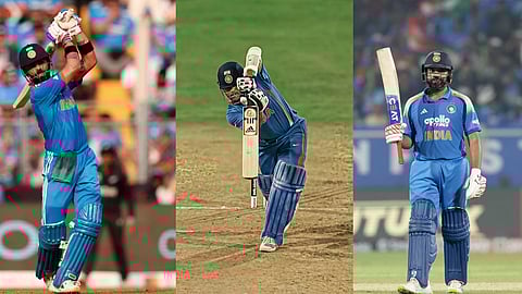 भारतीय क्रिकेट टीम की जर्सी में सचिन, रोहित और विराट, अलग-अलग शॉट खेलते और बल्ला उठाकर अभिवादन करते हुए दिखाई दे रहे हैं।
