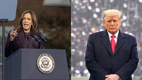 बाईं ओर पूर्व उपराष्ट्रपति कमला हैरिस जो माइक पर कुछ बोल रही हैं जबकि दाईं ओर राष्ट्रपति डोनाल्ड ट्रंप काले सूट में नज़र आ रहे हैं। 
