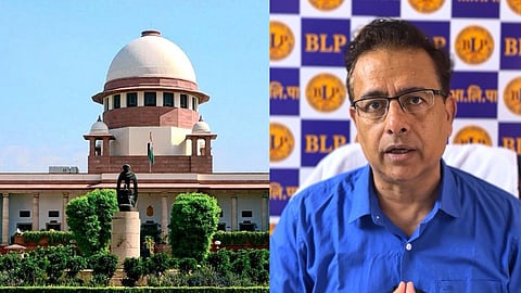 भारत के सुप्रीम कोर्ट भवन की तस्वीर और साथ में मुनीश कुमार रायज़ादा का वीडियो संदेश देते हुए दृश्य, पीछे BLP का लोगो दिखाई दे रहा है।
