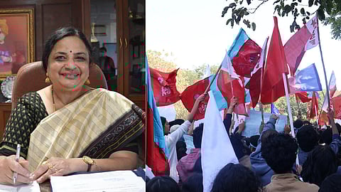 एक तरफ शांतिश्री धूलिपुड़ी पंडित और दूसरी  तरफ आंदोलन करते छात्र  