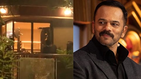 बाईं ओर रात में रोशनी से जगमगाता एक आधुनिक घर का बाहरी दृश्य और दाईं ओर फिल्म निर्देशक रोहित शेट्टी काले कपड़े में दिखाई दे रहे हैं।
