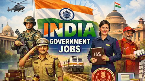 भारत के तिरंगे झंडे के साथ “India Government Jobs” लिखा पोस्टर, जिसमें सेना का जवान, पुलिस अधिकारी, आईएएस अधिकारी, डाक कर्मी और पीछे संसद भवन व ट्रेन दिखाई दे रही है।
