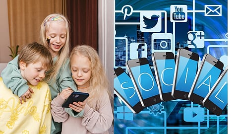 छोटे बच्चे मोबाइल में सोशल मीडिया एप्प्स चलाते हुए 