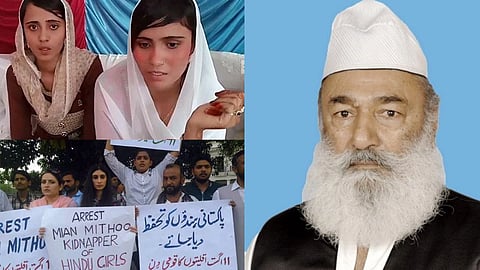 पाकिस्तान में हिंदू लड़कियों के कथित धर्म परिवर्तन के मामलों से जुड़ी तस्वीरें और मौलाना मियां मिठ्ठू की फोटो, साथ ही प्रदर्शन करते लोग जिनके पोस्टर पर गिरफ्तारी की मांग की जा रही है।