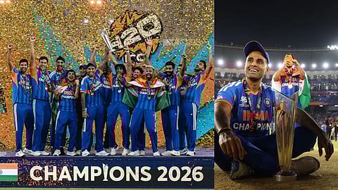 टी20 वर्ल्ड कप में चैंपियन बनने के बाद भारतीय क्रिकेट टीम ट्रॉफी के साथ मंच पर जश्न मनाते हुए, जबकि एक खिलाड़ी मैदान में ट्रॉफी के पास बैठकर मुस्कुराता हुआ।
