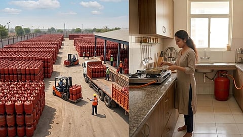 एक ओर गैस एजेंसी वहीँ दूसरी ओर एक महिला LPG गैस सिलिंडर का इस्तेमाल करती हुई 