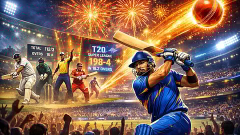 टी20 क्रिकेट की लोकप्रियता दर्शाता एक दृश्य, भरे हुए स्टेडियम में बल्लेबाज जोरदार शॉट लगाते हुए, आसमान में आतिशबाज़ी, बड़ी स्क्रीन पर T20 स्कोरबोर्ड।