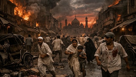 1946 के कोलकाता दंगों का प्रतीकात्मक दृश्य, जलती हुई इमारतों और धुएँ से घिरी सड़कों पर अफरा-तफरी के बीच लोग जान बचाकर भागते हुए, पीछे मस्जिद की परछाईं और दंगों से तबाह शहर का भयावह माहौल।