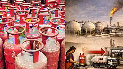 भारत में LPG सिलेंडरों का ढेर और गैस प्लांट का दृश्य, जो घरेलू रसोई गैस की सप्लाई, उत्पादन और कमर्शियल उपयोग को दर्शाता है।
