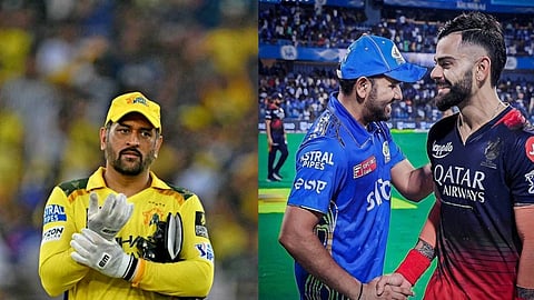 आईपीएल मैच के दौरान मैदान में क्रिकेटर, एक तरफ पीली जर्सी में विकेटकीपर, दूसरी तरफ नीली और काली जर्सी में दो खिलाड़ी आपस में हाथ मिलाते हुए दिखाई दे रहे हैं।