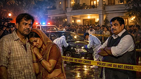 पीछे भीड़ और योगिता के माता-पिता सामने नितिन गडकरी 