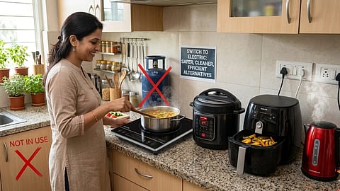 एलपीजी गैस सिलिंडर की भारी किल्लत के चलते अन्य इलेक्ट्रिक होम एप्लायंसेज का इस्तेमाल करते एक गृहणी l 
