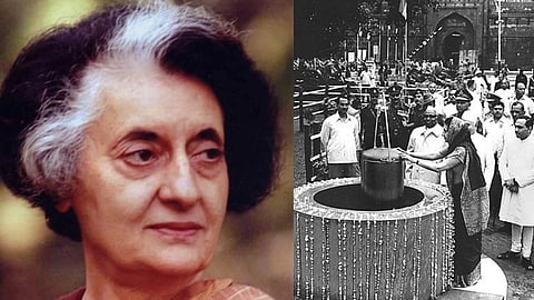 बाईं ओर भारत की पूर्व प्रधानमंत्री इंदिरा गांधी का क्लोज-अप पोर्ट्रेट है। दाईं ओर एक ऐतिहासिक ब्लैक-एंड-व्हाइट तस्वीर है, जिसमें इंदिरा गांधी लाल किले के पास एक गहरे गड्ढे में 'टाइम कैप्सूल' को नीचे उतारने की रस्म निभा रही हैं।
