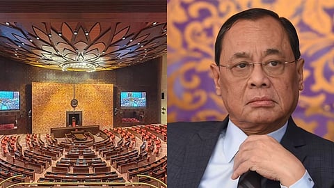 बाईं ओर भारत के नए संसद भवन के राज्यसभा कक्ष जबकि दाईं ओर भारत के पूर्व राज्यसभा सांसद रंजन गोगोई चश्मा पहने हुए गंभीर मुद्रा में नजर आ रहे हैं।

