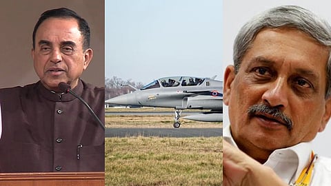 बाईं ओर भाजपा नेता सुब्रमण्यम स्वामी एक पोडियम पर भाषण देते हुए नजर आ रहे हैं। बीच के हिस्से में रनवे पर खड़े एक राफेल लड़ाकू विमान का दृश्य है। दाईं ओर भारत के पूर्व रक्षा मंत्री मनोहर पर्रिकर का क्लोज-अप चेहरा दिखाई दे रहा है।