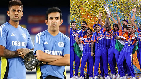 बाईं ओर सूर्यकुमार यादव और गौतम गंभीर नीली ट्रेनिंग जर्सी में गंभीर मुद्रा में खड़े हैं, और दाईं ओर भारतीय क्रिकेट टीम टी20 वर्ल्ड कप की ट्रॉफी के साथ जीत का जश्न मना रही है।