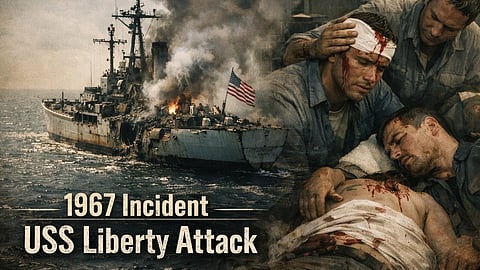 1967 के USS लिबर्टी हमले को दर्शाने वाला कोलाज, जिसमें जलता हुआ युद्धपोत और घायल सैनिक दिखाई दे रहे हैं।