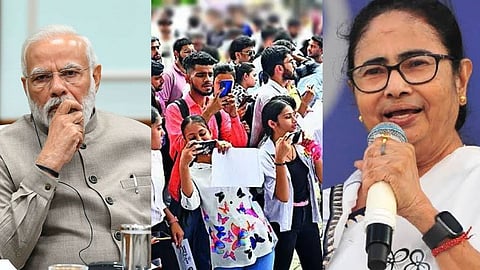 बाईं ओर प्रधानमंत्री नरेंद्र मोदी बीच में उत्साही युवाओं की भीड़ और दाईं ओर मुख्यमंत्री ममता बनर्जी।