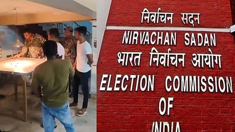 बाईं ओर सुरक्षा बल के जवान कार्यालय में कैरम खेलते दिख रहे हैं और दाईं ओर भारत निर्वाचन आयोग का 'निर्वाचन सदन' बोर्ड लगा है।