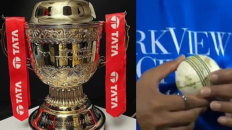 बाईं ओर टाटा आईपीएल ट्रॉफी और दाईं ओर एक खिलाड़ी को सफेद क्रिकेट गेंद पर 'बॉल टैम्परिंग' करते हुए दिखाया गया है।