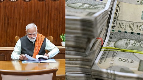 एक तरफ पीएम मोदी और दूसरी ओर 500 के नोटों की गड्डियां 