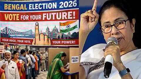 ममता बनर्जी रैली में भाषण देते हुए और मतदान केंद्र पर कतार में खड़े मतदाता
