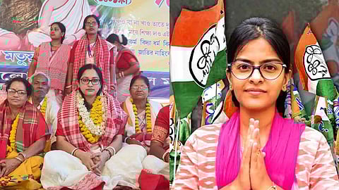 
बाईं ओर एक चश्मे वाली महिला लाल और सफेद बंगाली साड़ी में धार्मिक कार्यक्रम में फूलों की माला पहने हुए बैठी है, जबकि दाईं ओर एक महिला गुलाबी एथनिक पोशाक में चुनाव प्रचार के दौरान हाथ जोड़कर नमस्ते कर रही है, जिसके पीछे टीएमसी के झंडे हैं।